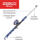 Zebco Wilder Fishing Reel and Rod Combo, 4'3" Durable Fiberglass Rod with Built-In Carabiner, Patented No-Tangle Reel, Pre-Spooled with 6-Pound Zebco Cajun Fishing Line, Blue/Orange by TinyTreasures Baby Boutique