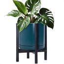 D'vine Dev Ceramic Planter with Ebony Stand - 12 Inch Modern Round Flower Pot with Wood Planter Holder, Teal, 55-B-H-4 by GreenHaven Gardens