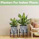 10 & 12 Inches Plant Pot with Stand Set of 2, Decorative Palm Leaves Printing Planter with Holder, Garden Pot for Snake Plant, Monstera, Houseplants - Indoor Outdoor Flower Pots with Drainage Holes by CozyNest Decor