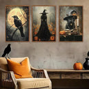KAIRNE Framed Halloween Canvas Wall Art,Dark Witch Crow Prints,Black Cat Painting,Horror Gothic Pictures Set of 3 (16”X24”),Scary Halloween Wall Decor for Party Living Room Bedroom Office Decoration by CozyNest Decor