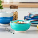 vancasso Bonita Dinnerware Set Blue Stoneware 12 Pieces Service for 4, Handpainted Spirals Pattern Stoneware Plates and Bowls Set by CozyNest Decor