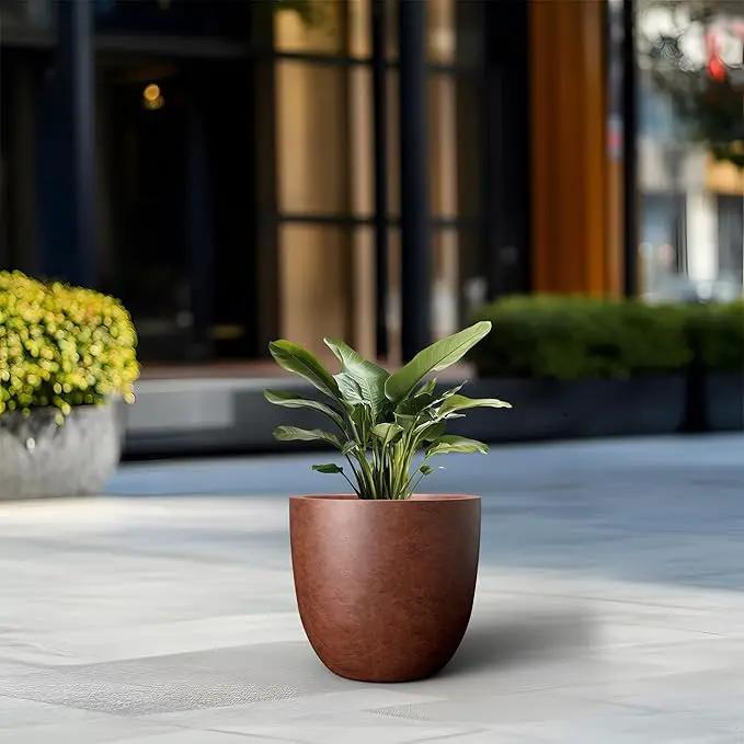 Kante 14 Inch Dia Round Concrete Planter, Indoor Outdoor Large Plant Pot with Drainage Hole and Rubber Plug for Home Patio Garden, Rusty, photo 4 of 7