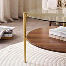 Round Coffee Table, Mid-Century Modern Design, D30“ x H17”, for Living Room, 2-Tier Structure, Clear Glass Top and Walnut MDF Shelf, Sleek Conical Metal Legs with Gold Finish by CozyNest Decor