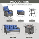 Outdoor Patio Furniture Set with Propane Fire Pit Table, 7 Pieces Wicker Patio Conversation Set with 2 Swivel Glider Rocker Chairs Rattan Sofa Blue Cushion Perfect for Casual Gathering Gray by GreenHaven Gardens