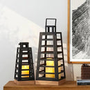 Glitzhome Set of 2 Modern Trapezoid Metal/Wood Decorative Lanterns,Large Candle Lanterns for Living Room,Home,Indoor, Outdoor,Table,Fireplace Mantle Decor -Black(No Glass) by CozyNest Decor