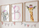 Personalized Safari Animals for Baby Girls Nursery, Set of 3 Unframed Poster Prints, Personalized Name Pink Lilac Floral, Girls Bedroom Decor, Elephant Giraffe (17x22) by TinyTreasures Baby Boutique