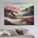 Japanese Tapestry, Red Plum Cherry Blossom Mountain, Nature Landscape, Bedroom & Living Room Decor, 80"x60" by CozyNest Decor