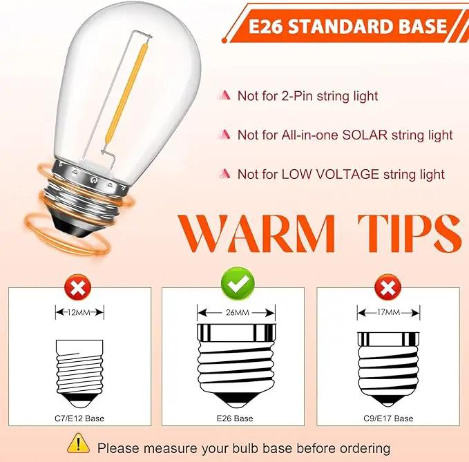 48 Pack Shatterproof LED Replacement Bulbs for Outdoor String Lights, S14 Edison Bulbs for Patio String Lights Outdoor Waterproof, Warm White 2200K, Dimmable, E26 Standard Base, photo 4 of 8