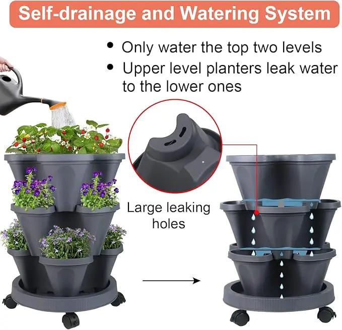 Vertical Planter 3 Tier Stackable Planters Garden Planters Strawberry Herb Flower and Vegetable Planter Indoor Outdoor Gardening Pots with Removable Wheels and Tools, photo 4 of 8