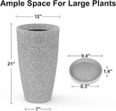 Tall Flower Pot Indoor - Outdoor Plant Pot - Gray Rough Planter - Elegant Stone Imitation - 12" Diameter 21" Tall with Drainage Holes and Saucer by CozyNest Decor