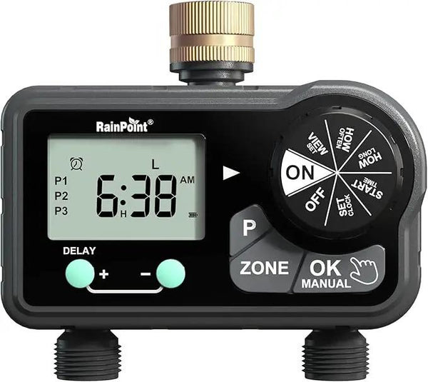 RAINPOINT Brass Sprinkler Timer 2 Stations, Large Digital Water Timer for Garden Hose with 6 Programmable Procedure, with Delay/Manual/Auto Irrigation Mode for Week/Specific/Daily Watering