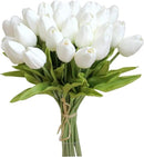 Mandy's Artificial Tulips 28 Stems White PU Faux Flowers for Wedding Home Decor 13.5 Inch by CozyNest Decor