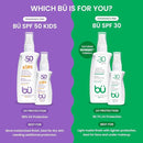 BU SPF 50 Fragrance Free Kids Sunscreen Spray for Face and Body, TSA Travel Size Sunscreen, Clear Non Aeorsol Spray, Non Greasy, Water Resistant and Oil Free, 3.3 oz and 1 oz (2-Piece Bundle) by TinyTreasures Baby Boutique