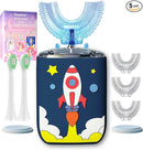 Kids U Shaped Electric Toothbrush Ultrasonic Automatic Brush with 5 Brush Head 6 Clean Modes IPX7 Waterproof Whole Mouth Rechargeable Smart Timer Toothbrushes for Children Age 2-7 (Blue) by TinyTreasures Baby Boutique
