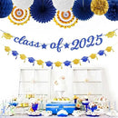 Navy-Blue Gold-White Party-Decoration Graduation Banner - 14pcs Kits Cap Garland Streamers, Royal Paper Tissue Pom Poms Flowers Fans Honeycomb,Class Of 2025 College High School Grad Decor Hugfond by CozyNest Decor