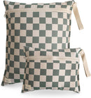mushie Water Resistant Wet Bags | Large & Small Reusable Storage Bag for Baby Items and Travel | Zippered Pockets with Handle | Machine Washable, Set of 2 (Olive Check) by TinyTreasures Baby Boutique