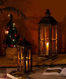 Large Farmhouse Wooden Decorative Lantern Set of 2, Rustic Distressed Brown Burnt Wood Floor Candle Lanterns, Indoor/Outdoor Hanging Lanterns for Home Decor (No Glass) by CozyNest Decor