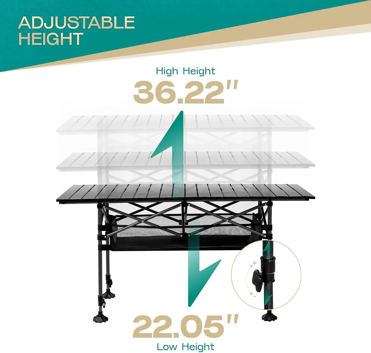 Height Adjustable Camping Table Tall Large Outdoor Folding Camping Table with Wide-Base Anti-Sink Legs & Carry Bag for Camping BBQ Beach Backyard (Black), photo 6 of 6
