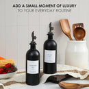 HOMCDALY Olive Oil Dispenser for Kitchen, 16oz Glass Oil Bottles with Bamboo Tray, Black Oil&Vinegar Cruet Set, Kitchen Dispenser Bottles with Pourer | Set of 2 (16oz – Black) by CozyNest Decor