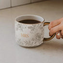 Sweet Water Decor Mrs Mug, 14oz Fine Bone China Coffee Cup with Gold Handle and Grey Delft Pattern, Bridal Shower Gift for Wedding Bride, Engagement & Newlyweds by CozyNest Decor
