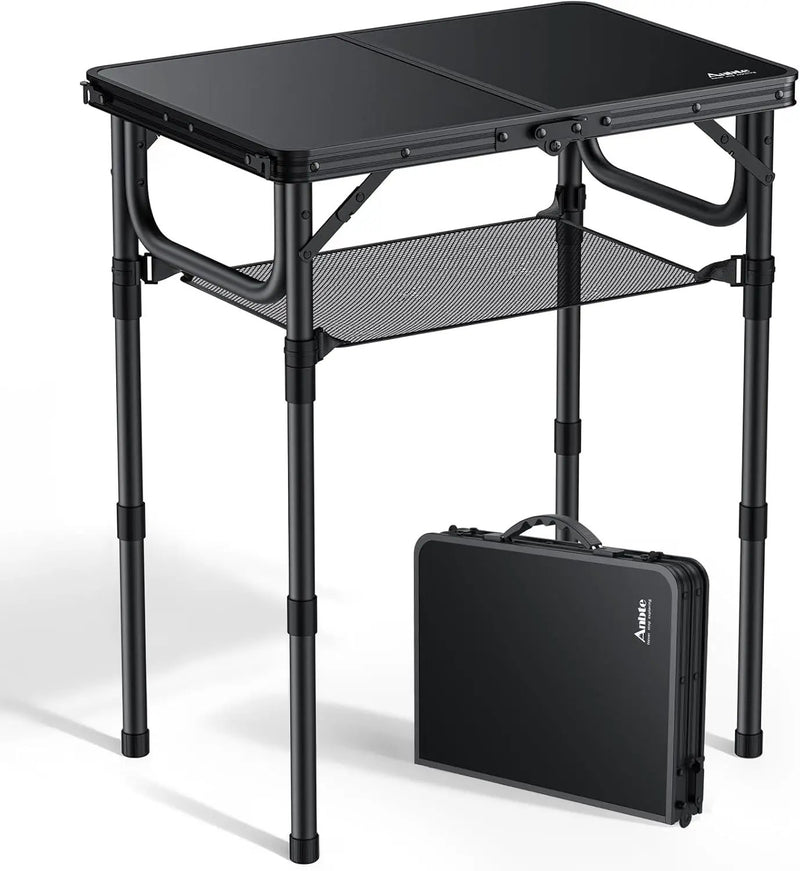 Folding Camping Table with Storage Net, Pure Black Aluminum 2ft Picnic Table 23.2" x 16" Outdoor Table Adjustable Height Max 27.5", Lightweight, Waterproof, Portable Handle for Travel Cooking