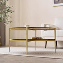 Extra Large Round Coffee Table, Mid-Century Modern Design, D34 x H17 in, for Living Room, 2-Tier Structure, Amber Glass Top and Walnut MDF Shelf, Sleek Conical Metal Legs with Gold Finish by CozyNest Decor