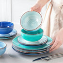 vancasso Bonita Dinnerware Set Blue Stoneware 12 Pieces Service for 4, Handpainted Spirals Pattern Stoneware Plates and Bowls Set by CozyNest Decor