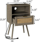 Rattan Nightstand with Outlet,Modern Bedside Table with Storage Drawer and Open Wood Shelf, for Living Room, Bedroom and Small Spaces, Accent Night Stand with Solid Wood Legs,Grey Oak by CozyNest Decor