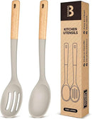 Silicone Cooking Spoons, Great for Scooping Sides and Serving Hearty Stews, BPA-Free Matte Silicone, Wooden Handle Serving Spoon for Nonstick Cooking Surfaces (Khaki) by CozyNest Decor