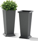 FENCY Set of 2 Tall Planters for Outdoor Plants, 24 Inch Large Tapered Pots with Drainage Trays, Weather-Resistant Plastic Plant Containers for Patio, Porch, Garden, Front Door Decor,Gray,Striped by CozyNest Decor