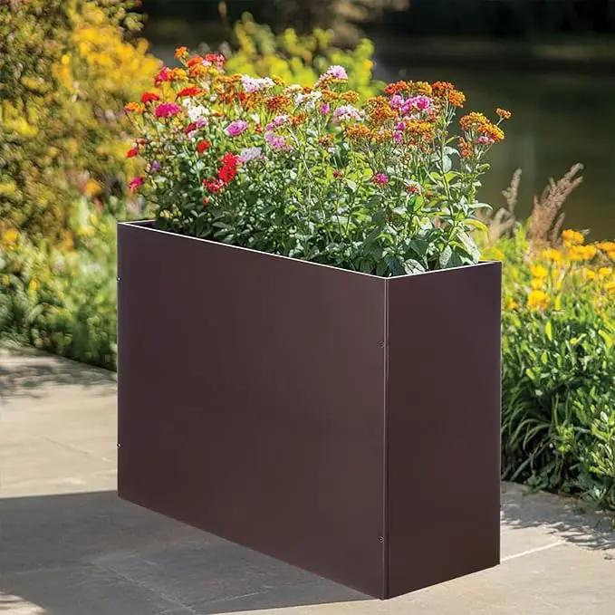 Metal Rectangular Planter Box Tall Planters for Outdoor Plants Modern Heavy Duty with Drainage Holes for Outside Indoor Patio Deck - Brown, 32”x 12”x 24”, photo 6 of 6