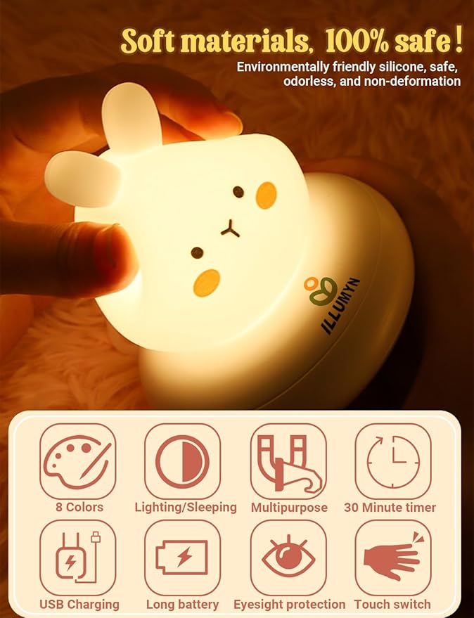 Kids lamp, Bunny Night Light, Toddler Night Light, Rechargeable & Dimmable with 30 mins Timer Function, Safe Silicone Material for Kids to Play with,【9 Colors】 by TinyTreasures Baby Boutique