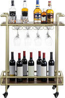 MyGift 2 Tier Rolling Bar Cart, Vintage Brass Tone Metal Cocktail and Wine Trolley with Burnt Wood Shelf Trays, Wine Glass Stemware Holder Rack and Lockable Wheels by CozyNest Decor