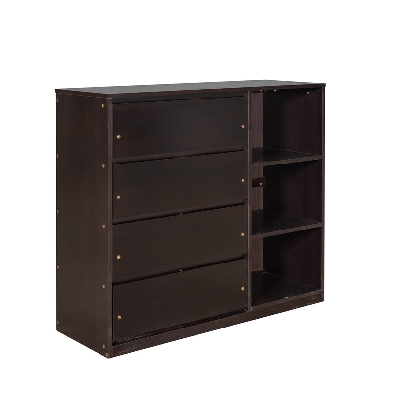 Twin over Twin Bunk Bed with 4 Drawers and 3 Shelves-Espresso