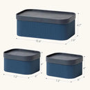 La Jolie Maison Fluted Cardboard Storage Baskets with Vegan Leather Lids, Sturdy Stackable Paper Boxes Decorative Tray, Basket Organizer Bins for Bathroom Bedroom Organizing, Navy Blue, Set of 3 by CozyNest Decor