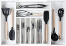 Premium Silverware, Flatware and Utensil Organizer for Kitchen Drawers, Food-Safe Contract Grade, Expandable from 14.5 to 25 In, White Bamboo by CozyNest Decor
