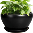 Plant Pot Large 9 Inch - Ceramic Pots for Plants with Drainage Hole and Saucer Round Planter for Indoor Plants Decorative Outdoor Flower Pot Large for House Balcony Black by GreenHaven Gardens