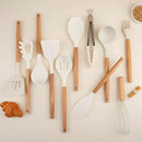 Silicone Cooking Utensils Set, Premium Beech Wood Handle Kitchen Gadgets Utensil Set, Non-Stick Kitchen Utensils Spatula, Tongs, Turner, Whisk, Brush, Spoon, BPA FREE, 446°F Resistant (White)