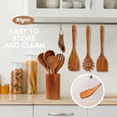 Wooden Spoons for Cooking, Nonstick Kitchen Utensils Set with 4 Piece Measuring Spoons, Comfort Grip Wooden Spatula Set, 9 Piece Teak Wooden Cooking Utensils with Holder and Spoon Rest by CozyNest Decor
