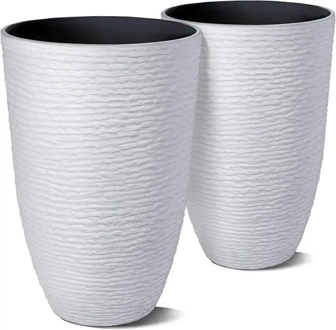 Worth Garden 2-Pack 21" H. White Tall Planters - 14'' Dia Resin Large Round Flower Pots for Outdoor Plants Trees - Imitation Stone Finish Plastic Indoor Front Porch 9 Gallon Decorative Container Patio