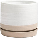 8 Inch Pots for Plants, Ceramic Planter Pot with Drainage Hole & Saucer, Indoor or Outdoor Cylinder Round Planter Pot, Matte White & Beige