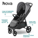 Mompush Nova Baby Stroller for Toddler, Infant & Newborn | Spacious Seat & Lie-Flat Mode | Compact One-Hand Fold, UPF 50+ Canopy & All-Wheel Suspension | Includes Rain Cover & Cup Holder, Grey by TinyTreasures Baby Boutique
