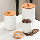 JOJUNO White Ceramic Canister Set with Wooden Lids – 3-Piece Airtight Food Storage Jars for Kitchen, Embossed Design, Small/Medium/Large Sizes (12/30/48 oz) – Flour, Sugar, Coffee, Tea Containers by CozyNest Decor