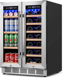 24 Inch Dual Zone Wine and Beverage Refrigerator, Built-in or Freestanding Cooler with French Doors, Drink Fridge with Upgraded Compressor for Beer, Wine, and Soda by CozyNest Decor