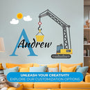 Custom Toddler Construction Crane Wall Decal I Personalized Name Decals for Walls I Nursery Wall Decal for Toddler Room Decorations I Crane Baby Sticker for Bedroom W22 x18 H (Small) by TinyTreasures Baby Boutique