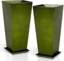 WORTH Garden 25" Large Metal Glazed Planter Set of 2, Luxurious Glossy Finish Green Tall Square Tapered Steel Plant Pots, Decor Flower Pot Indoor & Outdoor, Drainage Hole & Dual-Purpose Plant Saucer by GreenHaven Gardens