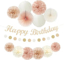 Champagne Rose-Gold Beige Birthday Party-Decorations - 14pcs Happy Banner Boho Lanterns Tissue Pom Poms,Rustic Streamers Garland Fans,Neutral One Sweet Peach Girls Women Hanging Supplies Decor Hugfond by CozyNest Decor