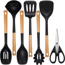 QMVESS Silicone Cooking Utensils Set, Kitchen Utensils Set 7 Pcs with Long Wooden Handle, Food Grade and Heat Resistant Large Silicone Spatula Set for Nonstick Cookware, BPA Free（Black） by CozyNest Decor