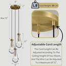 Brass 3 Light Pendant Lighting for Kitchen Island, Raindrop Cluster Pendant Light Fixture, Adjustable Hanging Rope Glass Chandelier Dining Room Light Fixture Ceiling Lamp for Foyer Hallway by CozyNest Decor