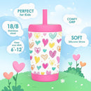 Kid Insulated Stainless Steel Tumbler with Silicone Straw, 12oz Sippy Cup for Kids (Playful Hearts) by TinyTreasures Baby Boutique